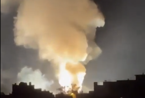 Bushehr, Iran, under attack on July 8, 2026. Screengrab via Youtube.