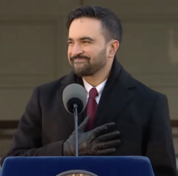 Zohran Mamdani speaking at his inauguration. By NYC Mayor's Office, CC BY 4.0, https://commons.wikimedia.org/w/index.php?curid=181108964