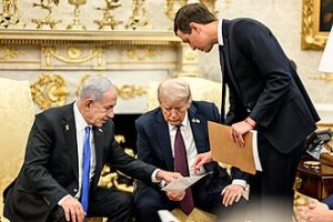 President Donald Trump and Israeli Prime Minister Benjamin Netanyahu review the U.S. peace plan for Gaza with Jared Kushner, Monday, September 29, 2025. Photo by The White House - https://www.flickr.com/photos/202101414@N05/54822540451/, Public Domain, https://commons.wikimedia.org/w/index.php?curid=175854274