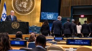 UN delegates walking out when PM Netanyahu speaks at UNGA.  Image created via AI