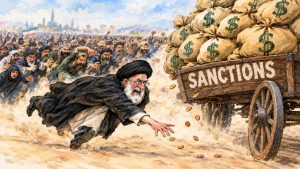 Water coloring of Ayatollah chasing Sanctions wagon as Iranians chase the Ayatollah.  Image via AI.