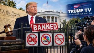 Trump vs the Press.  Image created via AI.